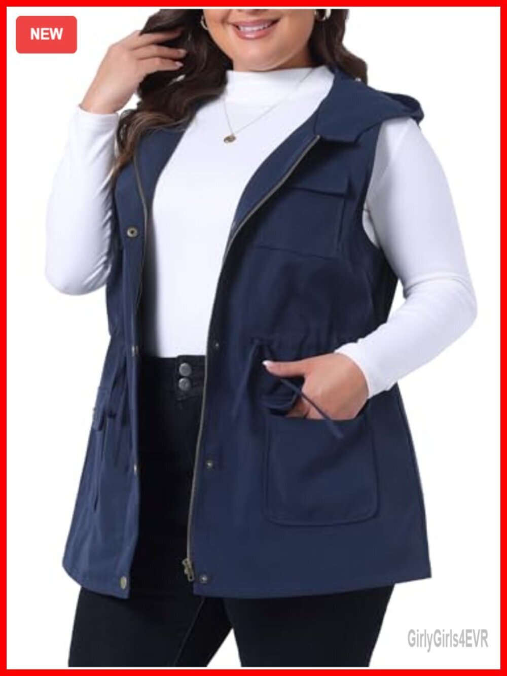 Plus Size Anorak Utility Vest with Drawstring Hooded Pockets Lightweight